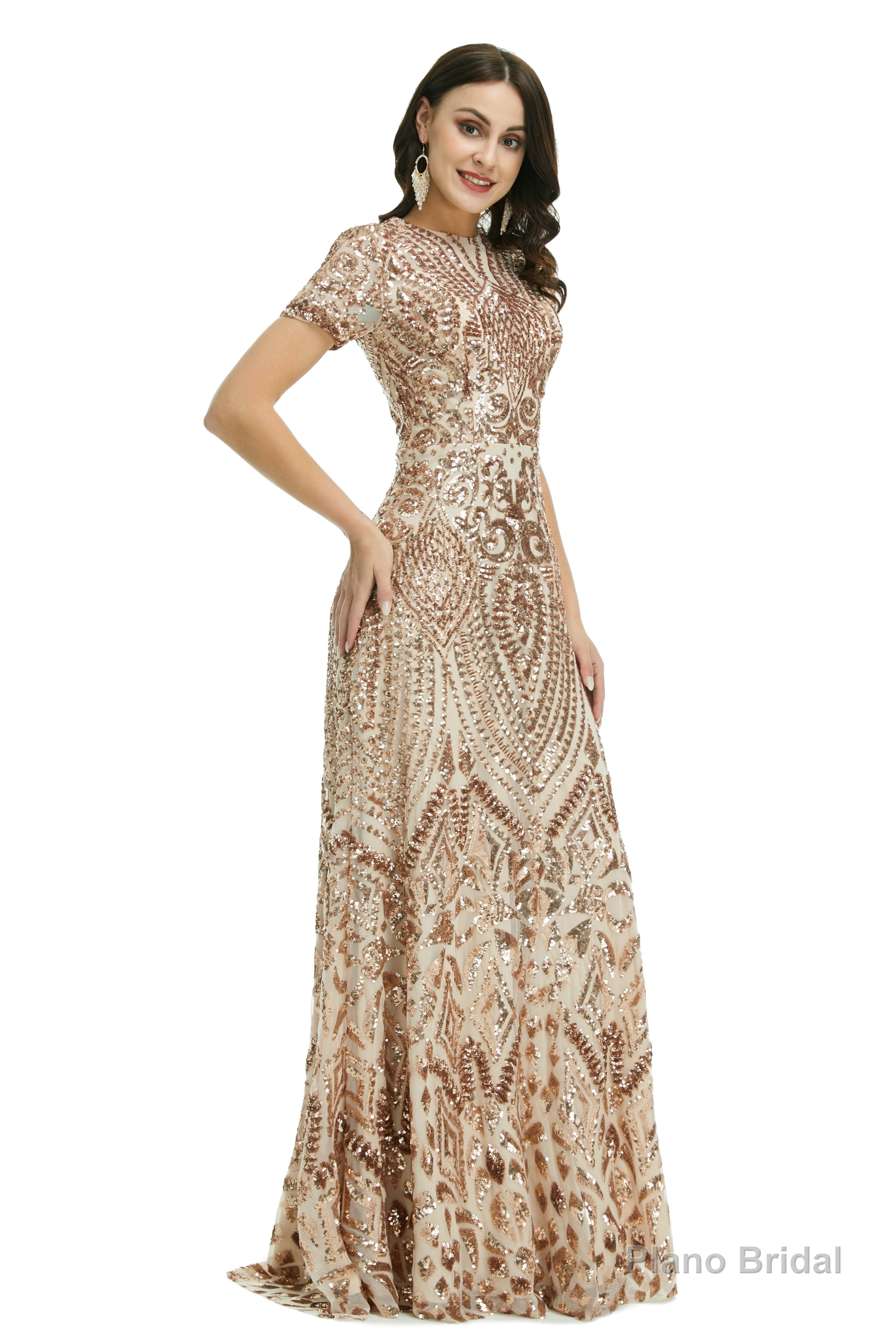 Short Sleeves Sequins A-Line Formal Evening Dress