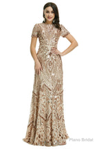 Short Sleeves Sequins A-Line Formal Evening Dress