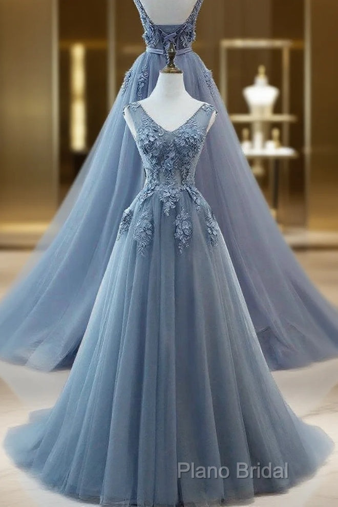 WomenS Tulle Formal Dresses Appliques Long Formal Prom Dresses H3818 Main image