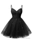 Womens V Neck Tulle Spaghetti Straps Black Homecoming Dresses with Corset Back Short Prom Gowns for Teens