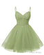Womens V Neck Tulle Spaghetti Straps Dusty Sage Homecoming Dresses with Corset Back Short Prom Gowns for Teens