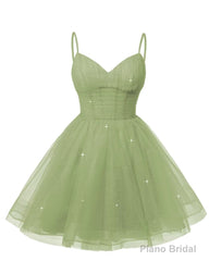 Womens V Neck Tulle Spaghetti Straps Dusty Sage Homecoming Dresses with Corset Back Short Prom Gowns for Teens