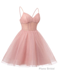 Womens V Neck Tulle Spaghetti Straps Sky Blue Homecoming Dresses with Corset Back Short Prom Gowns for Teens