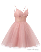 Womens V Neck Tulle Spaghetti Straps Stormy Blue Homecoming Dresses with Corset Back Short Prom Gowns for Teens