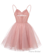 Womens V Neck Tulle Spaghetti Straps Ocean Blue Homecoming Dresses with Corset Back Short Prom Gowns for Teens