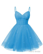 Womens V Neck Tulle Spaghetti Straps Ocean Blue Homecoming Dresses with Corset Back Short Prom Gowns for Teens