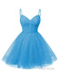 Womens V Neck Tulle Spaghetti Straps Ocean Blue Homecoming Dresses with Corset Back Short Prom Gowns for Teens