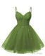 Womens V Neck Tulle Spaghetti Straps Olive Green Homecoming Dresses with Corset Back Short Prom Gowns for Teens
