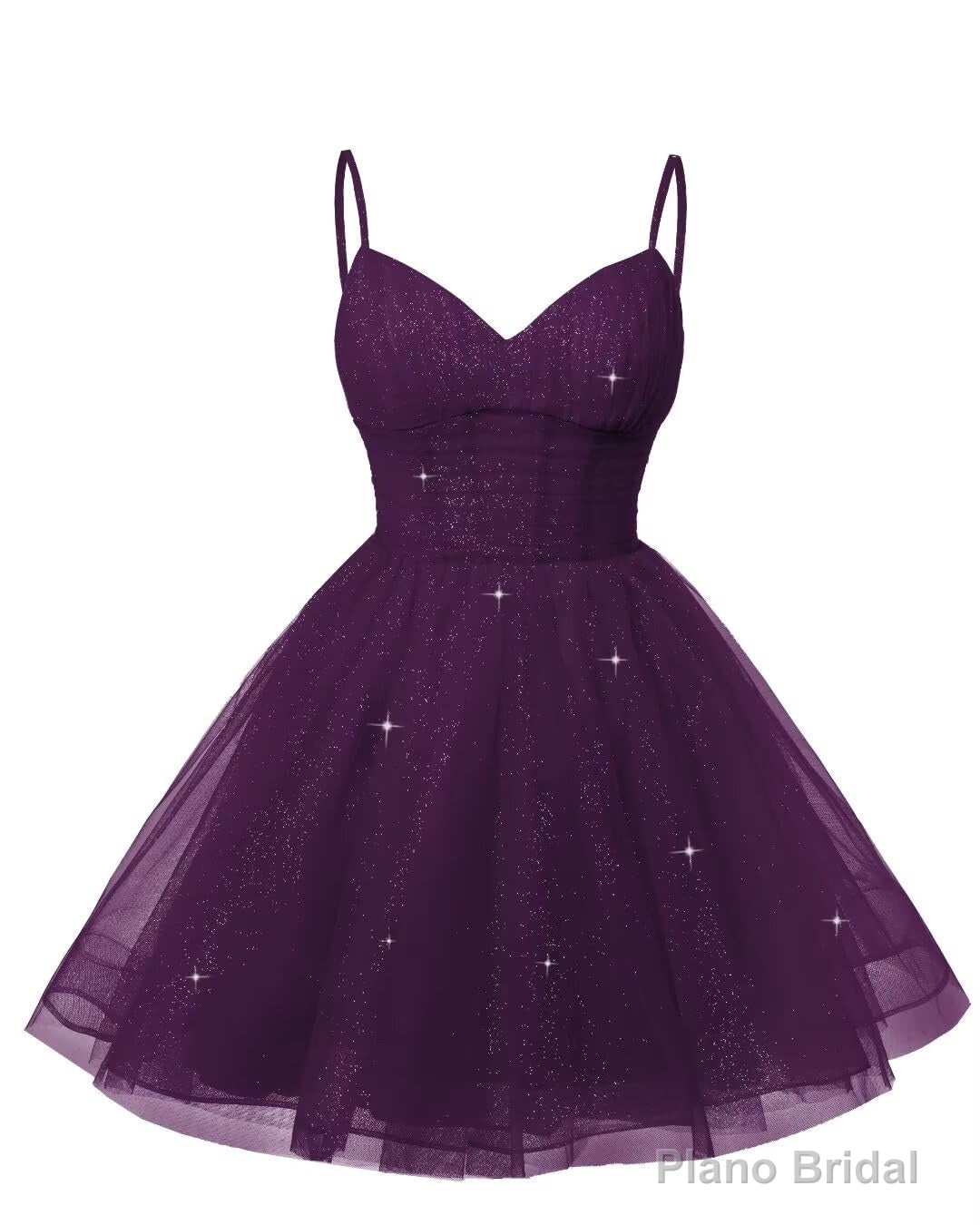 Womens V Neck Tulle Spaghetti Straps Plum Homecoming Dresses with Corset Back Short Prom Gowns for Teens