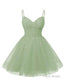 Womens V Neck Tulle Spaghetti Straps Sage Green Homecoming Dresses with Corset Back Short Prom Gowns for Teens
