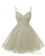 Womens V Neck Tulle Spaghetti Straps Silver Homecoming Dresses with Corset Back Short Prom Gowns for Teens