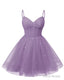 Womens V Neck Tulle Spaghetti Straps Wisteria Homecoming Dresses with Corset Back Short Prom Gowns for Teens