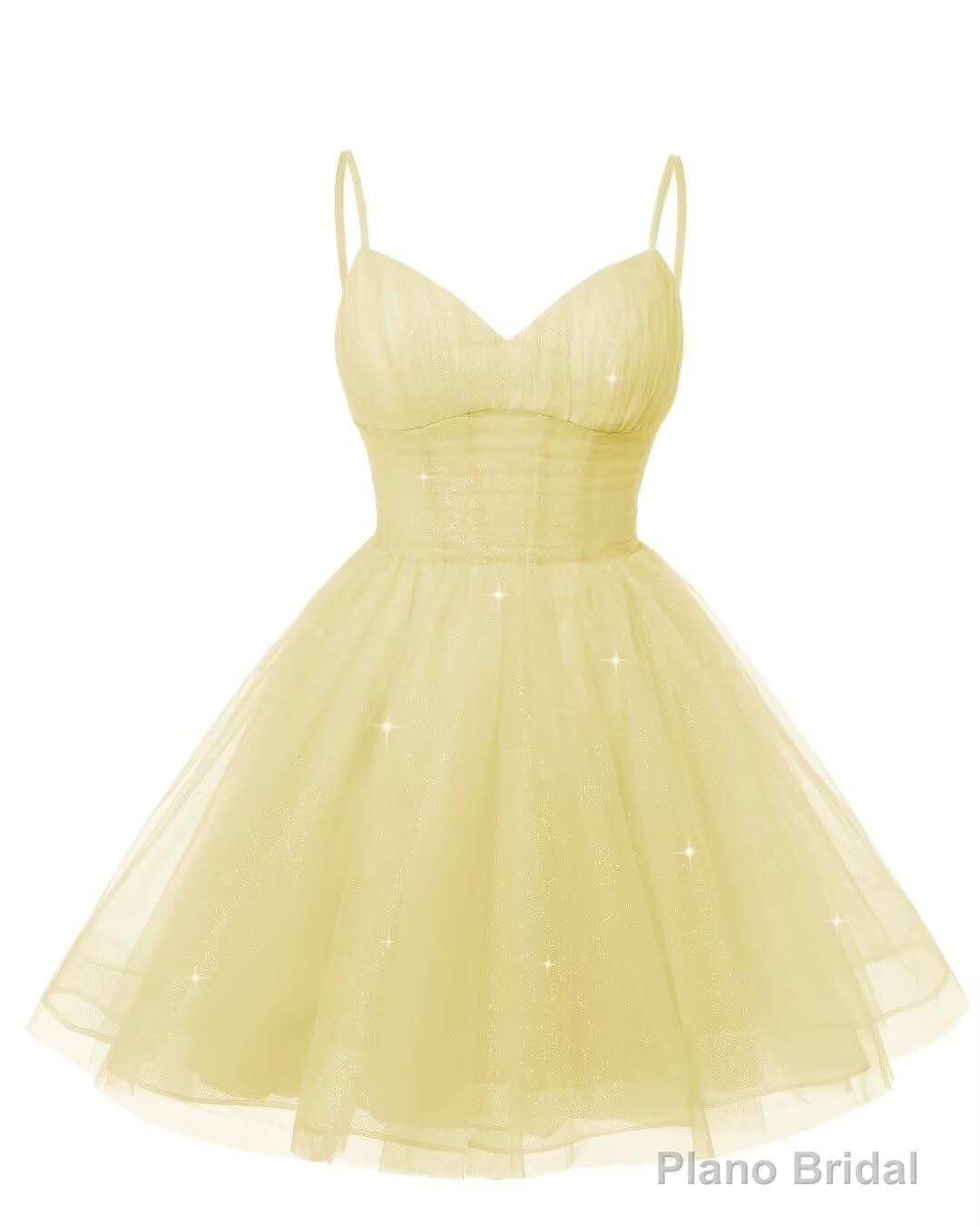 Womens V Neck Tulle Spaghetti Straps Yellow Homecoming Dresses with Corset Back Short Prom Gowns for Teens Main image