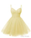 Womens V Neck Tulle Spaghetti Straps Yellow Homecoming Dresses with Corset Back Short Prom Gowns for Teens