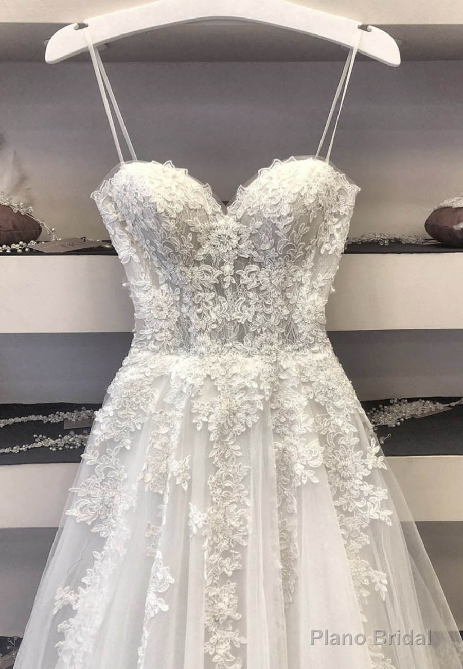 White Spaghetti Lace Long Prom Dresses, A-Line Evening Dresses