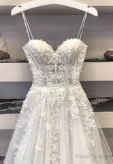 White Spaghetti Lace Long Prom Dresses, A-Line Evening Dresses