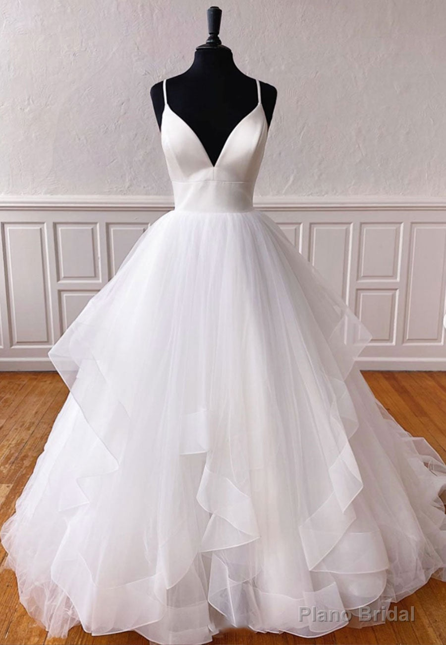 Plunging V-Neck Tulle Long Prom Dresses, White Evening Dresses Main image