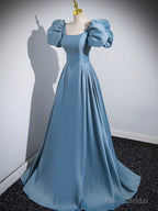 Blue Puff Sleeve Satin Floor Length Prom Dress, Blue A-Line Evening Party Dress