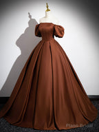 Brown Satin Floor Length Prom Dress , Off the Shoulder A-Line Evening Dress