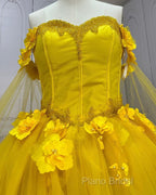 Yellow 3D Flowers Ball Gown Dresses With Cape