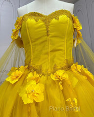 Yellow 3D Flowers Ball Gown Dresses With Cape