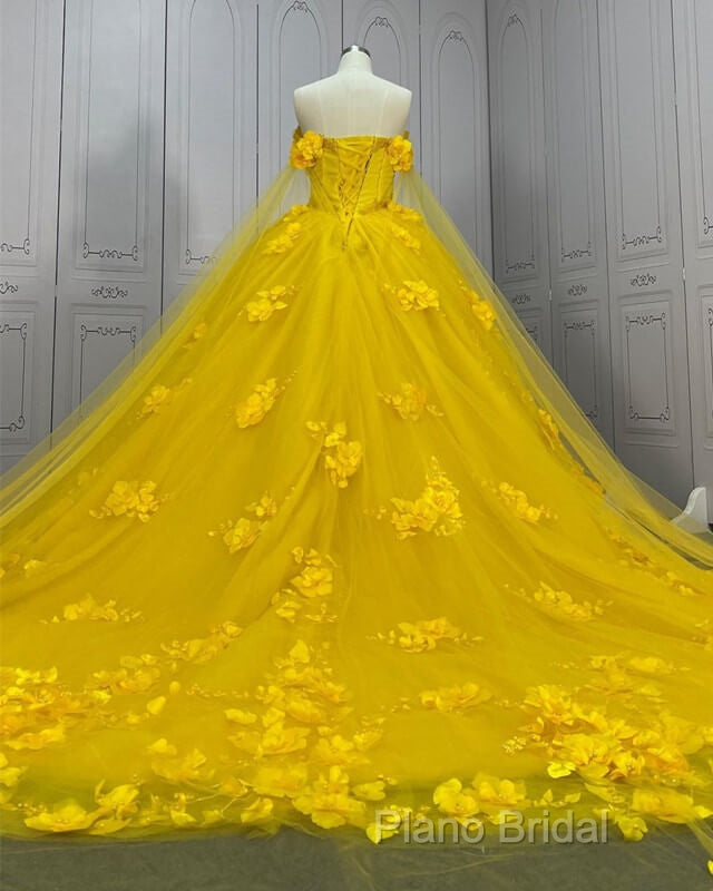 Yellow 3D Flowers Ball Gown Dresses With Cape