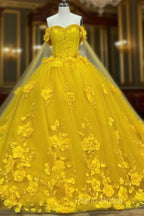Yellow 3D Flowers Ball Gown Dresses With Cape