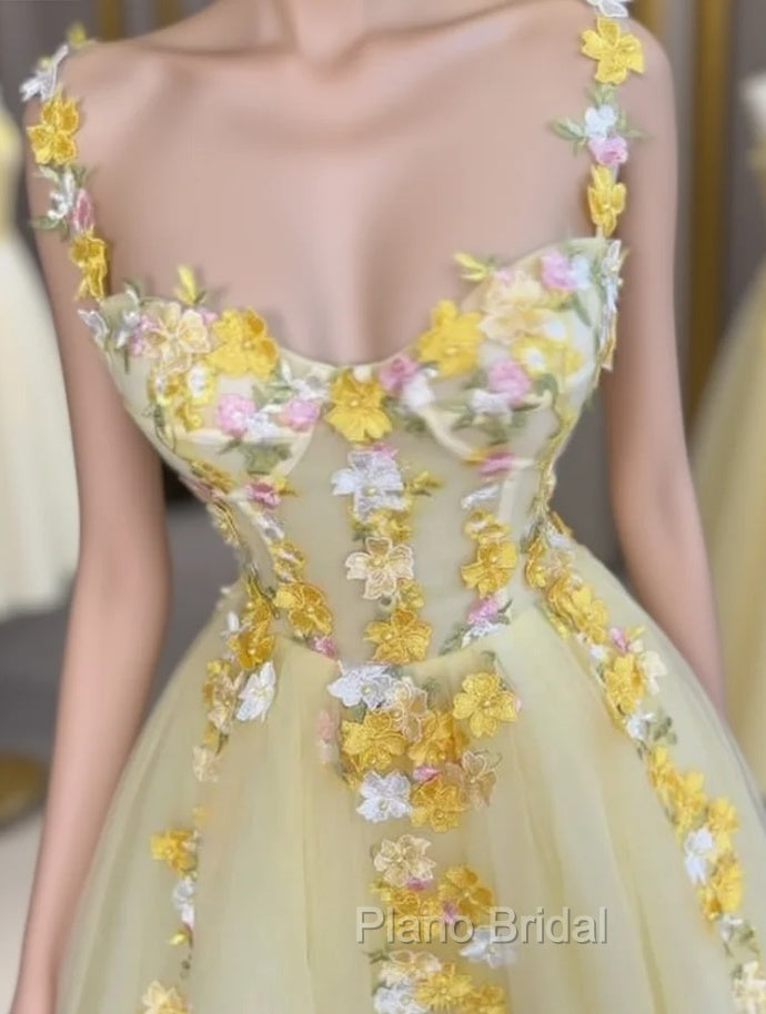 Yellow 3D Lace Embroidery Tulle Corset Dresses