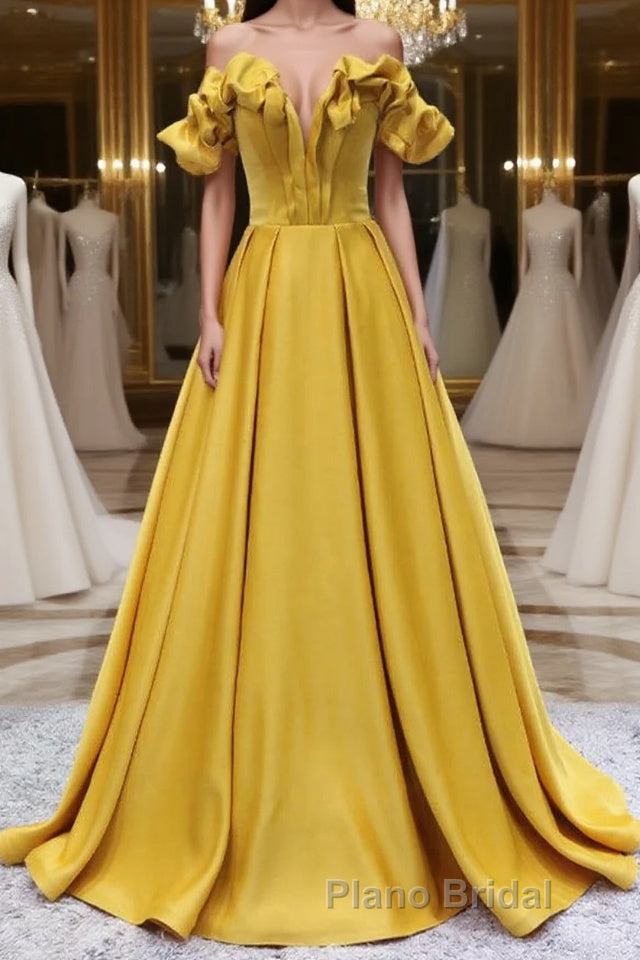 Yellow A-line Satin Long Formal Prom Dress, Yellow Formal Dress Main image