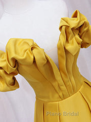 Yellow A-line Satin Long Formal Prom Dress, Yellow Formal Dress