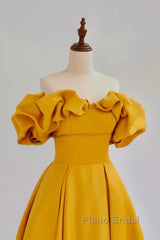Yellow A-Line Satin Off Shoulder Long Party Dresses, Yellow Formal Dresses Evening Dresses