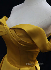 Yellow A-Line Simple Satin Off Shoulder Formal Prom Dresses, Yellow Satin Formal Dresses