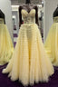 Yellow A-Line Strapless Multi-Layers Sweetheart Tulle Beaded Long Formal Prom Dresses With Slit