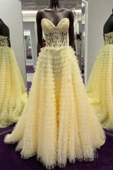 Yellow A-Line Strapless Multi-Layers Sweetheart Tulle Beaded Long Formal Prom Dresses With Slit