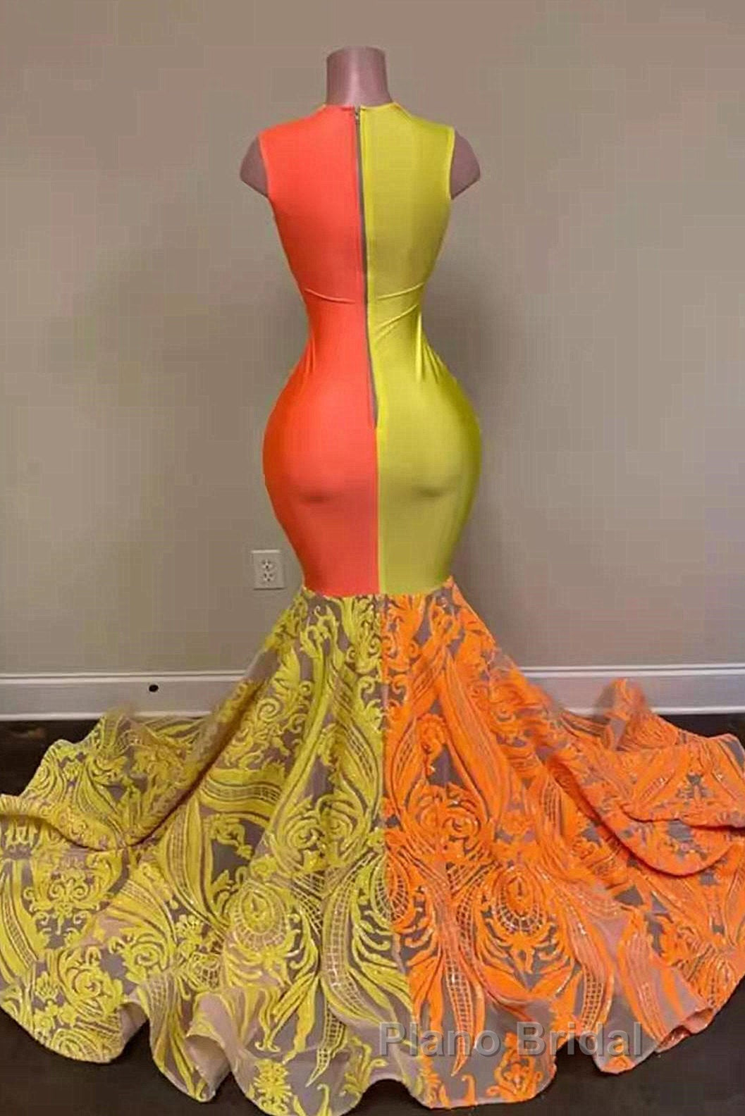 Yellow and Orange Mermaid Formal Prom Dress Lace Long On Sale Secondary image