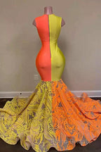 Yellow and Orange Mermaid Formal Prom Dress Lace Long On Sale