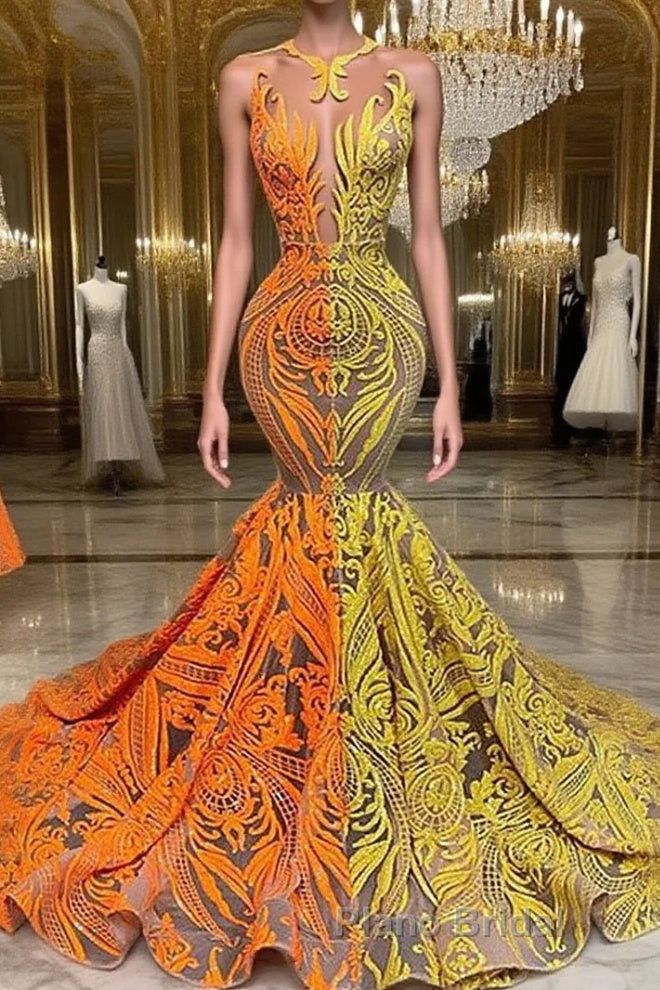 Yellow and Orange Mermaid Formal Prom Dress Lace Long On Sale Main image