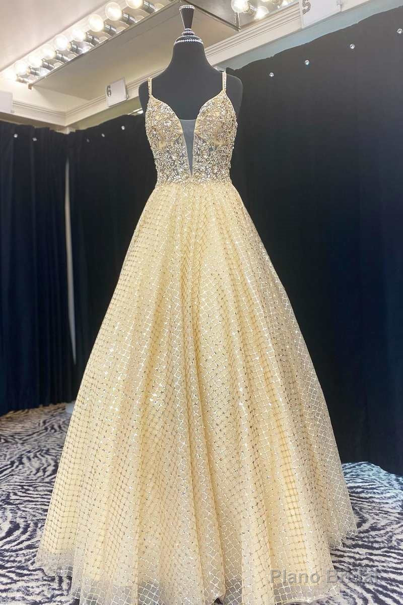 Yellow Beaded Plunge Neck A-Line Prom Gown Main image