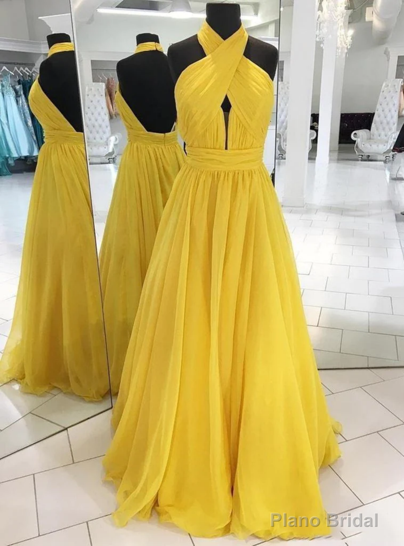 Yellow Chiffon Halter Pleats Prom Dress Main image