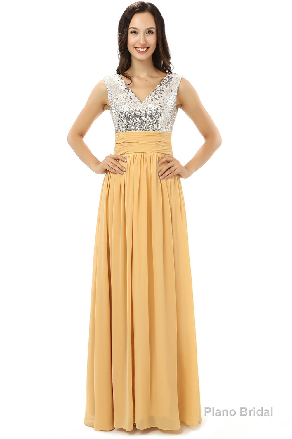 Yellow Chiffon Silver Sequins V-neck Backless Bridesmaid Dresses Main image