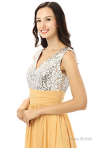 Yellow Chiffon Silver Sequins V-neck Backless Bridesmaid Dresses