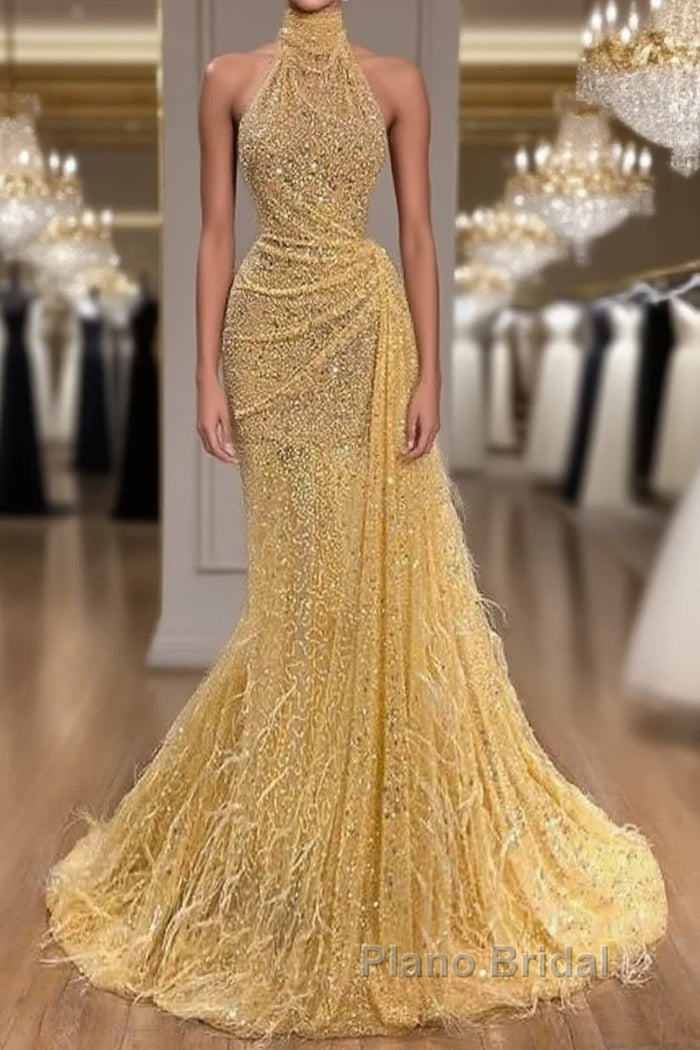 Yellow Evening Dresses Long High Neck Sparkly Feather Luxury Bling Evening Gown Formal Prom Dresses