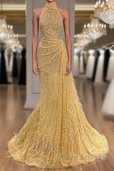 Yellow Evening Dresses Long High Neck Sparkly Feather Luxury Bling Evening Gown Formal Prom Dresses