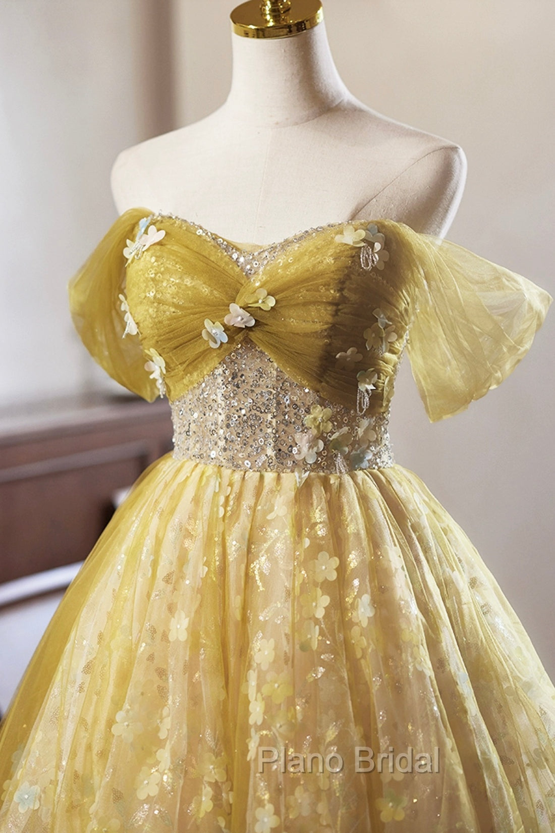 Yellow Floral Tulle Knee Length Formal Prom Dresses, Lovely A-Line Evening Party Dresses Secondary image
