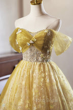 Yellow Floral Tulle Knee Length Formal Prom Dresses, Lovely A-Line Evening Party Dresses