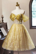 Yellow Floral Tulle Knee Length Formal Prom Dresses, Lovely A-Line Evening Party Dresses