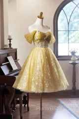 Yellow Floral Tulle Knee Length Formal Prom Dresses, Lovely A-Line Evening Party Dresses