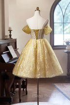 Yellow Floral Tulle Knee Length Formal Prom Dresses, Lovely A-Line Evening Party Dresses