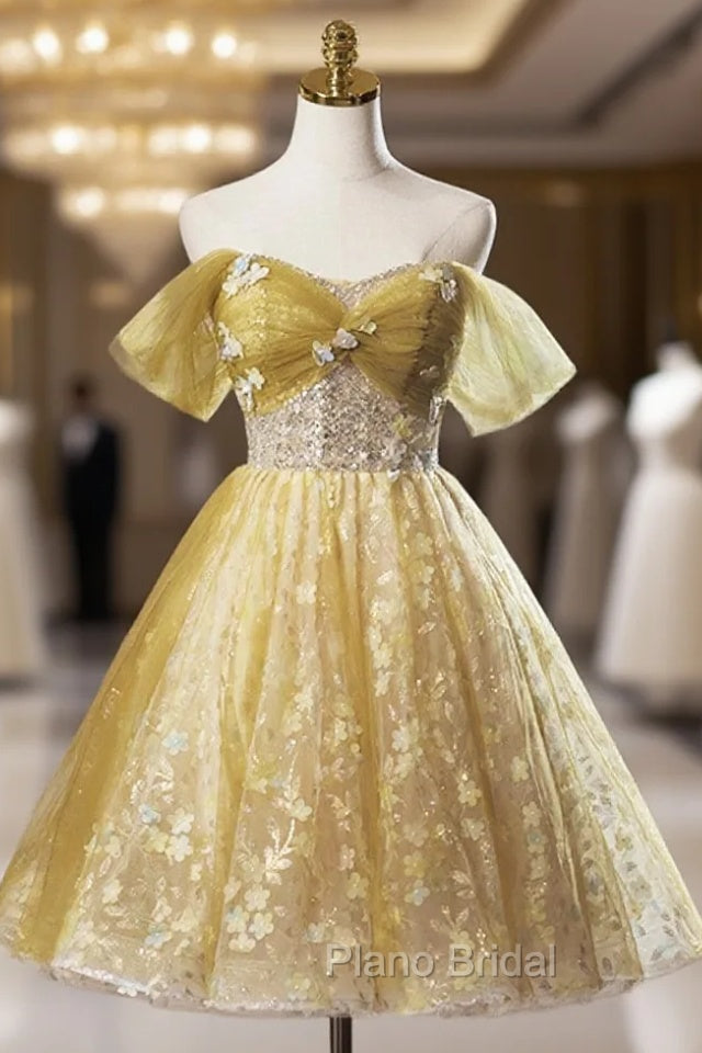 Yellow Floral Tulle Knee Length Formal Prom Dresses, Lovely A-Line Evening Party Dresses