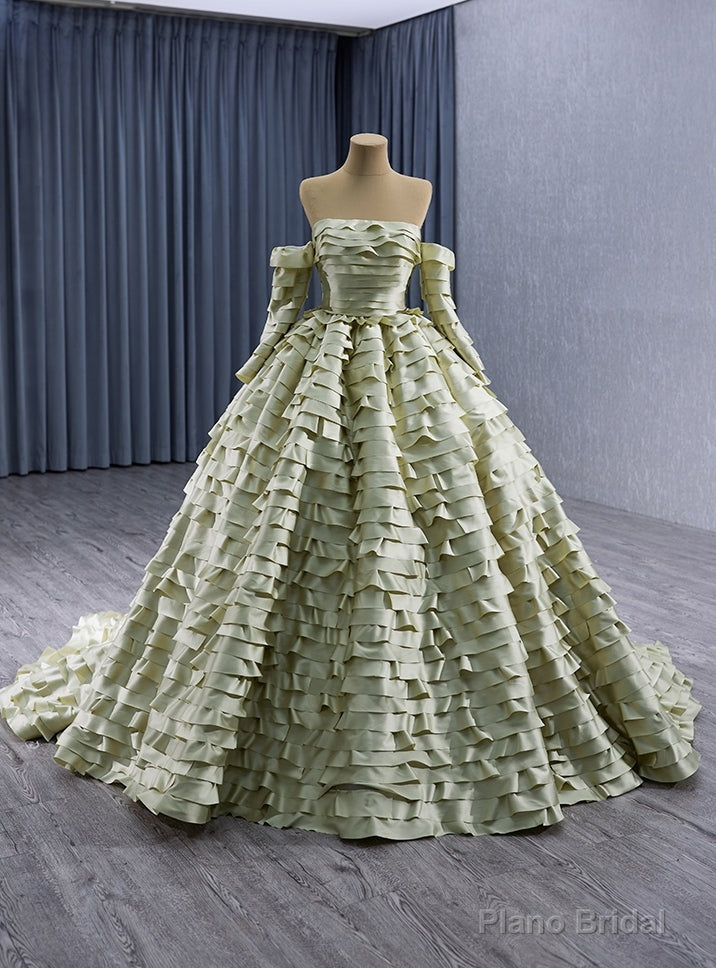 Yellow Green Long Sleeve Tiers Prom Dress Main image